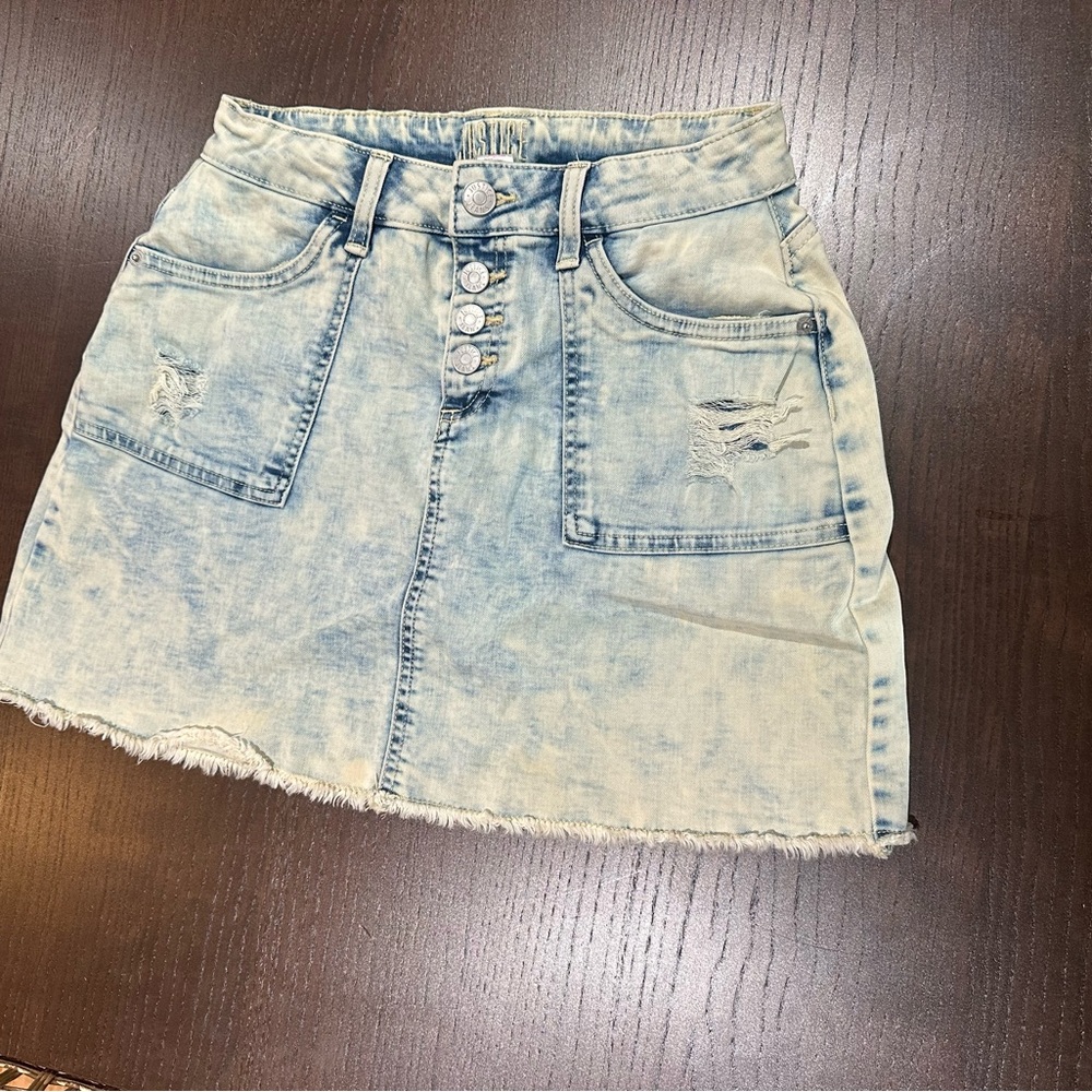 Justice Denim Blue Mini Skirt with Distressed Accents